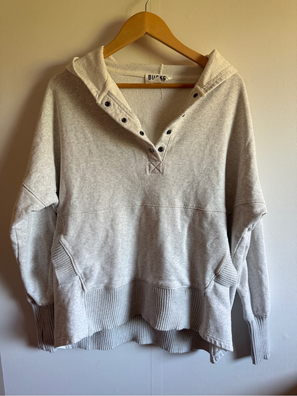 Oversized Grey Oatmeal Henley Hoodie Thumbholes Cozy Lounge Pullover M